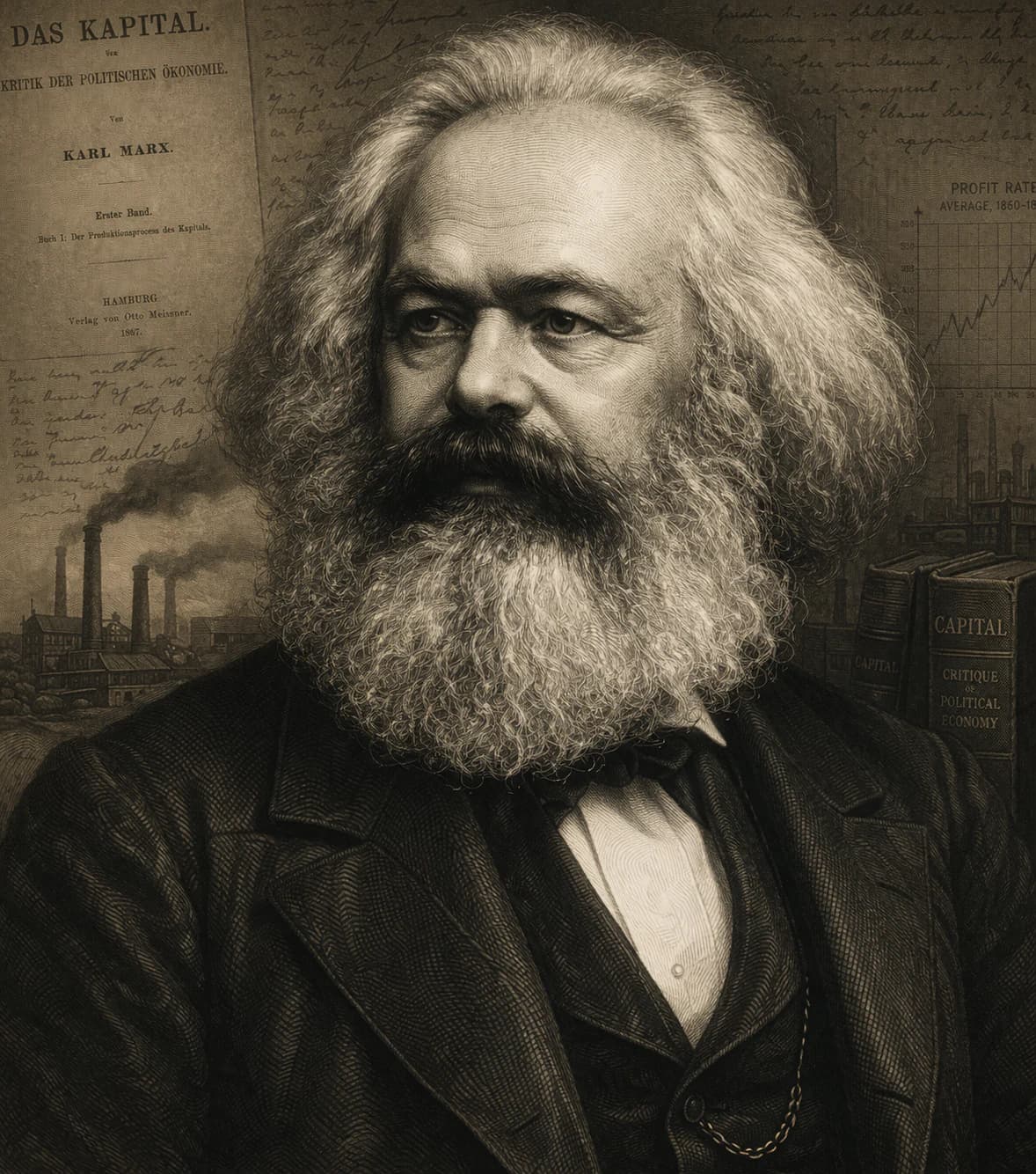 AI-generated portrait of Karl Marx in 19th-century scholarly attire