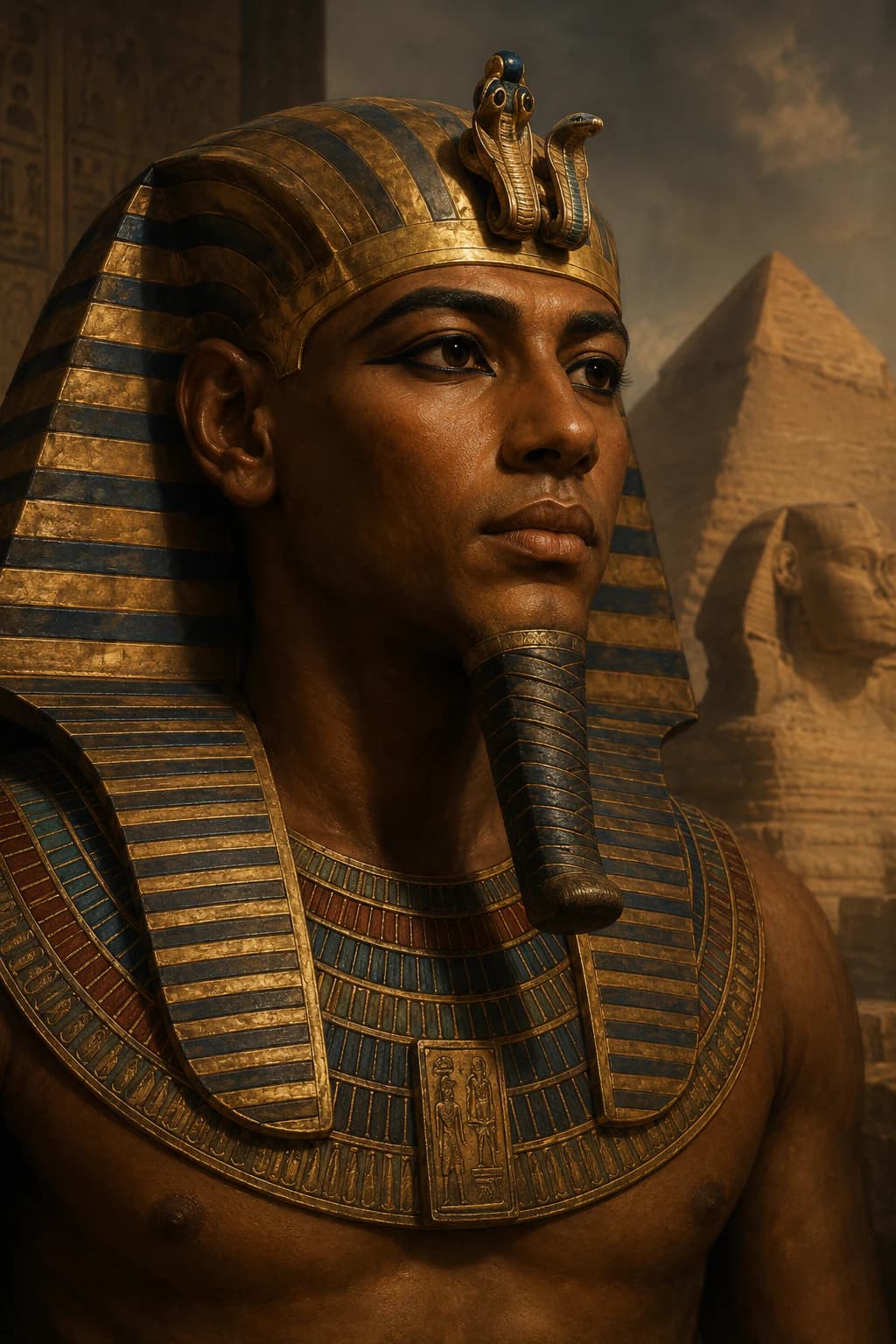 AI-generated portrait of Khafre in ancient Egyptian royal attire