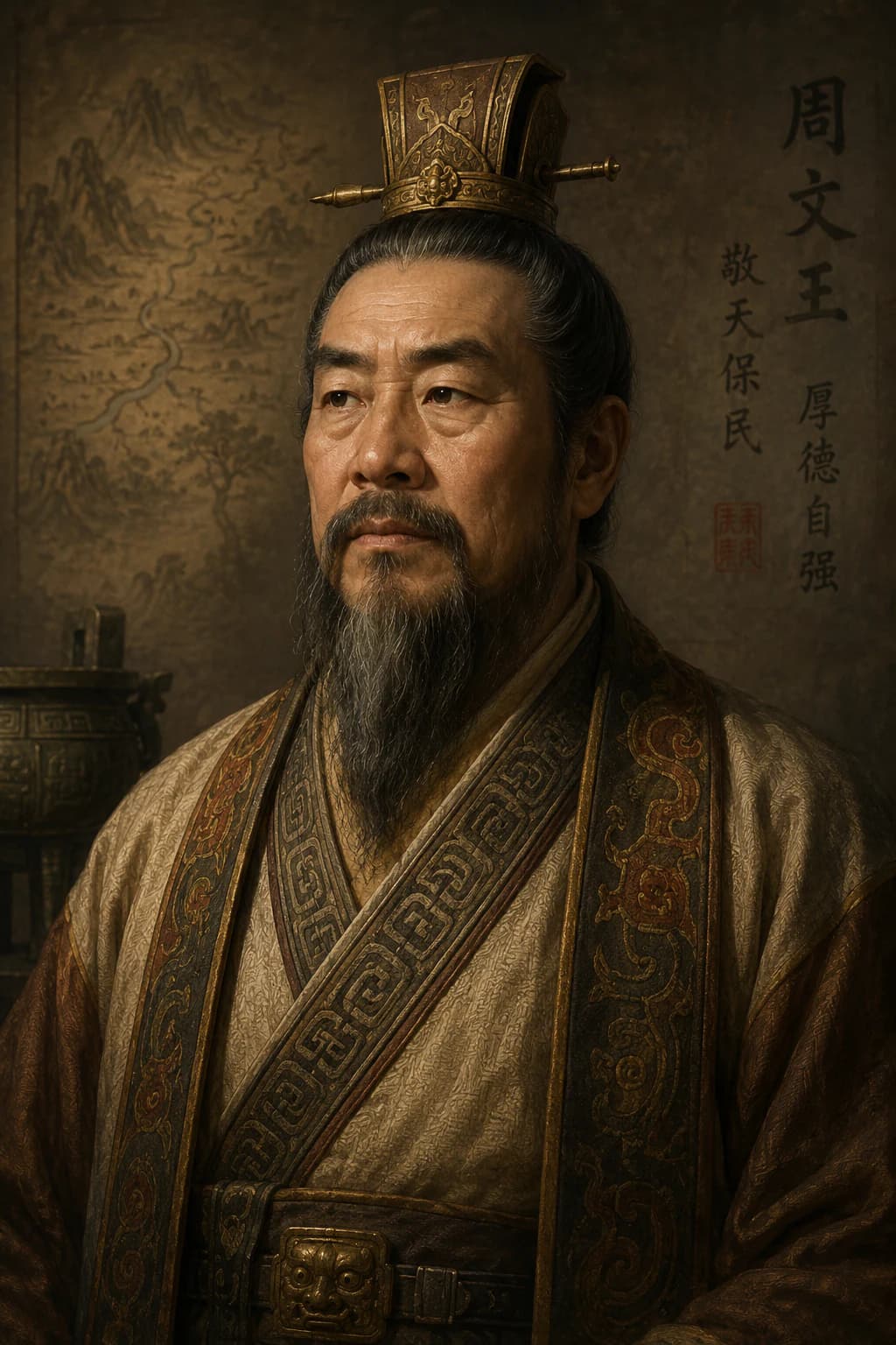 AI-generated portrait of King Wen of Zhou in early Chinese noble dress