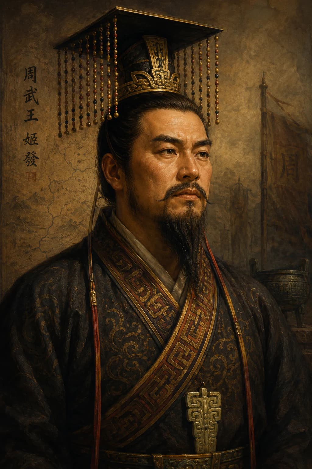 AI-generated portrait of King Wu of Zhou in early Chinese royal attire