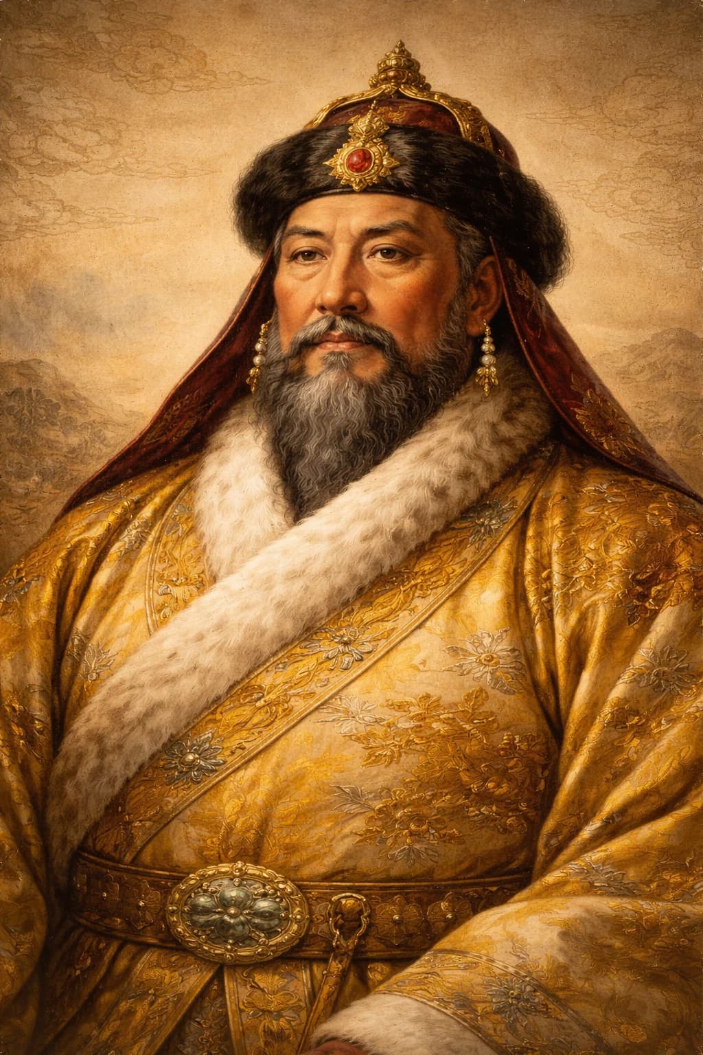 AI-generated portrait of Kublai Khan in Mongol imperial attire