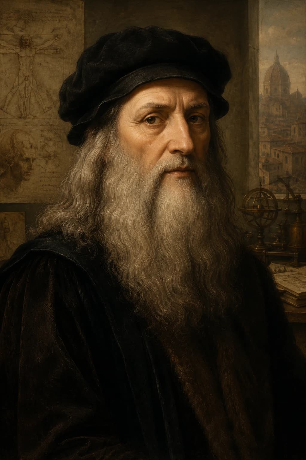 Portrait of Leonardo da Vinci with anatomical sketches and scientific instruments