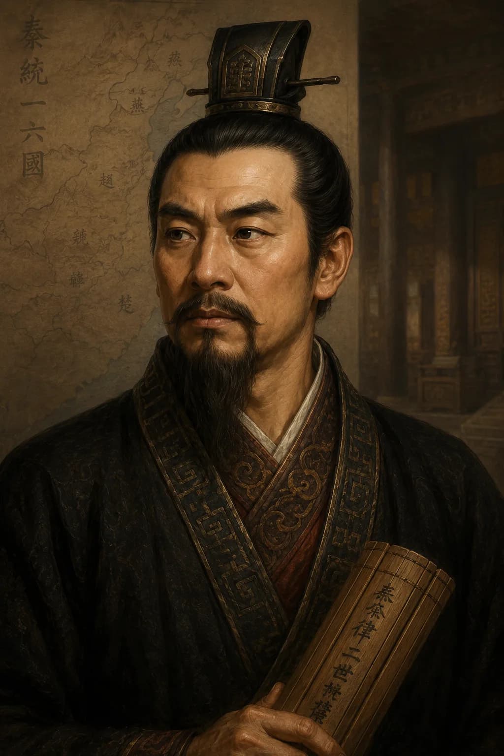 Portrait of Li Si in Qin official robes holding bamboo documents