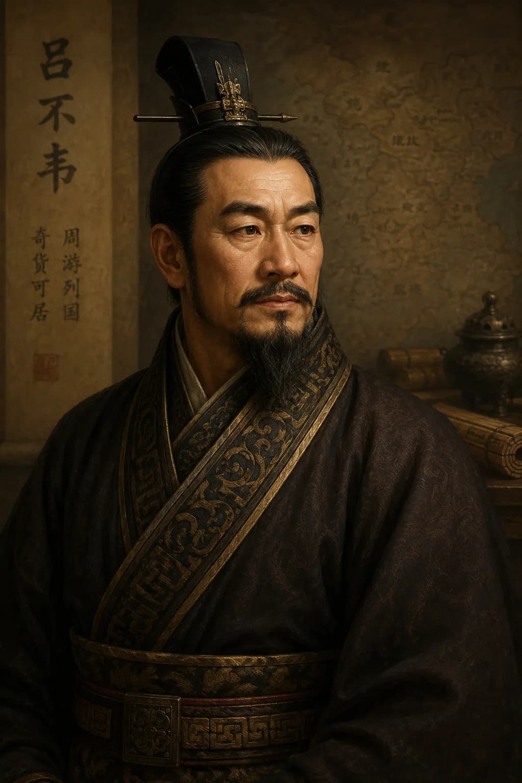 Portrait of Lu Buwei in Qin court robes with maps and bamboo records