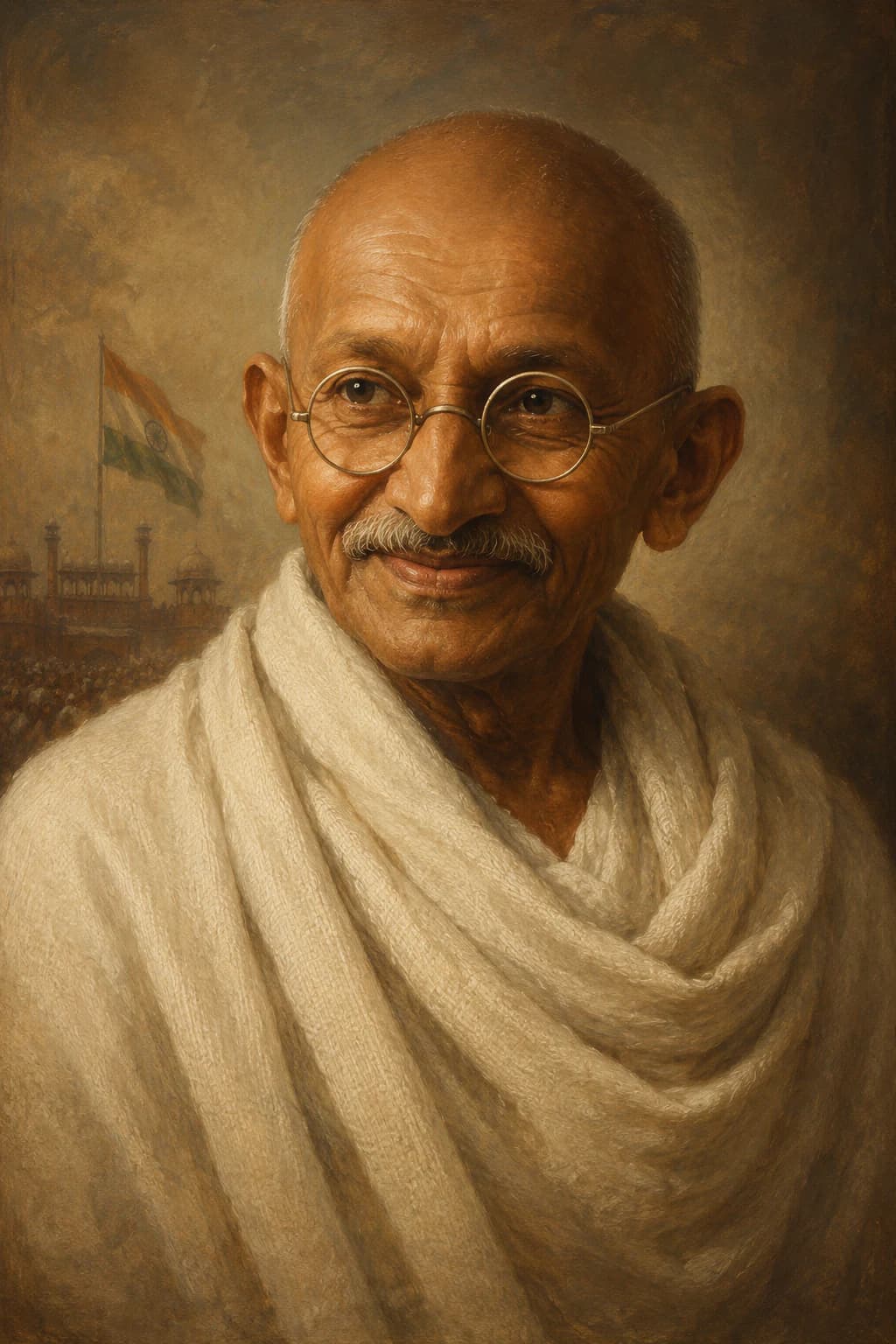 AI-generated portrait of Mahatma Gandhi wearing round spectacles and a white shawl