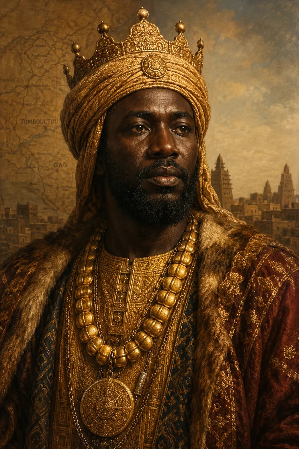 Portrait-style illustration of Mansa Musa in Malian royal dress with gold ornaments before a map of Mali and Timbuktu