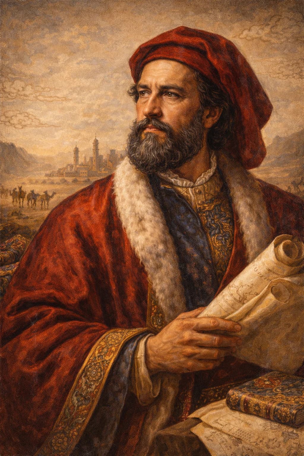 AI-generated portrait of Marco Polo in 13th-century Venetian explorer attire