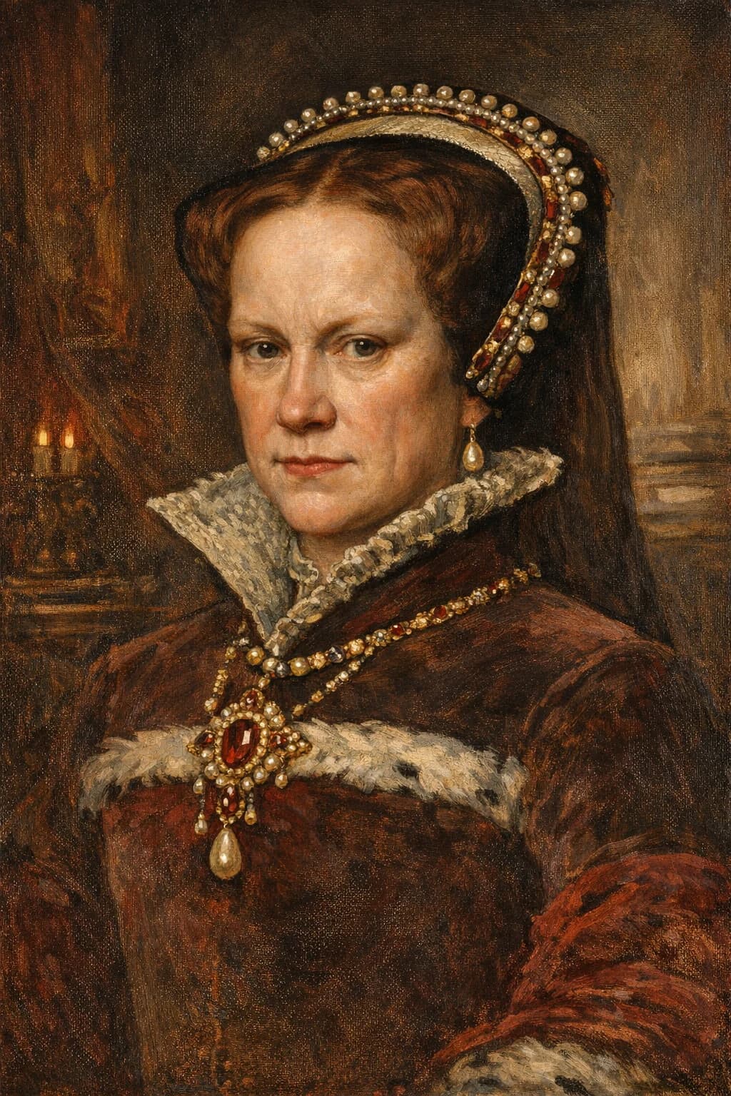 AI-generated portrait of Mary I in Tudor royal attire