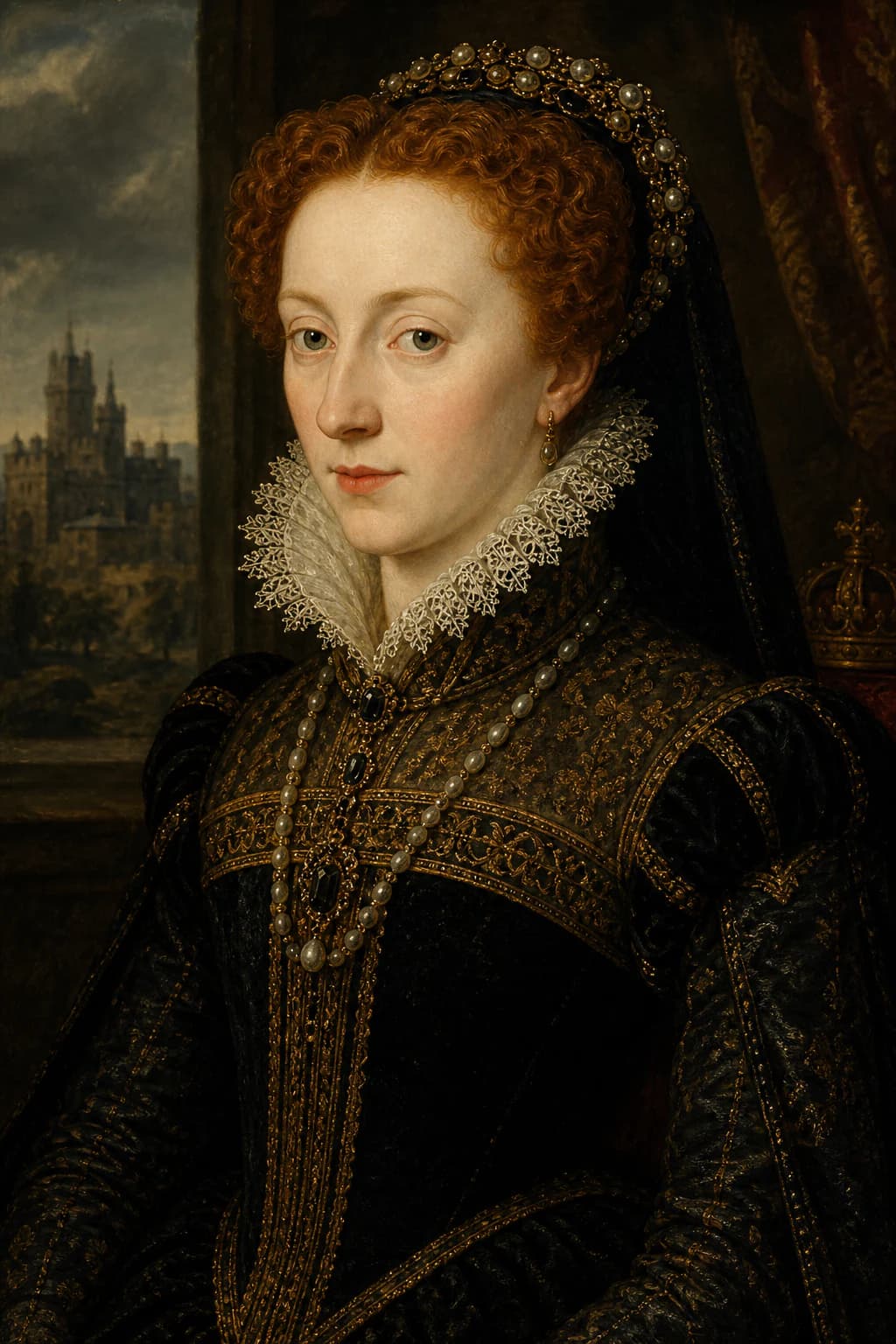 AI-generated portrait of Mary Queen of Scots in black court dress