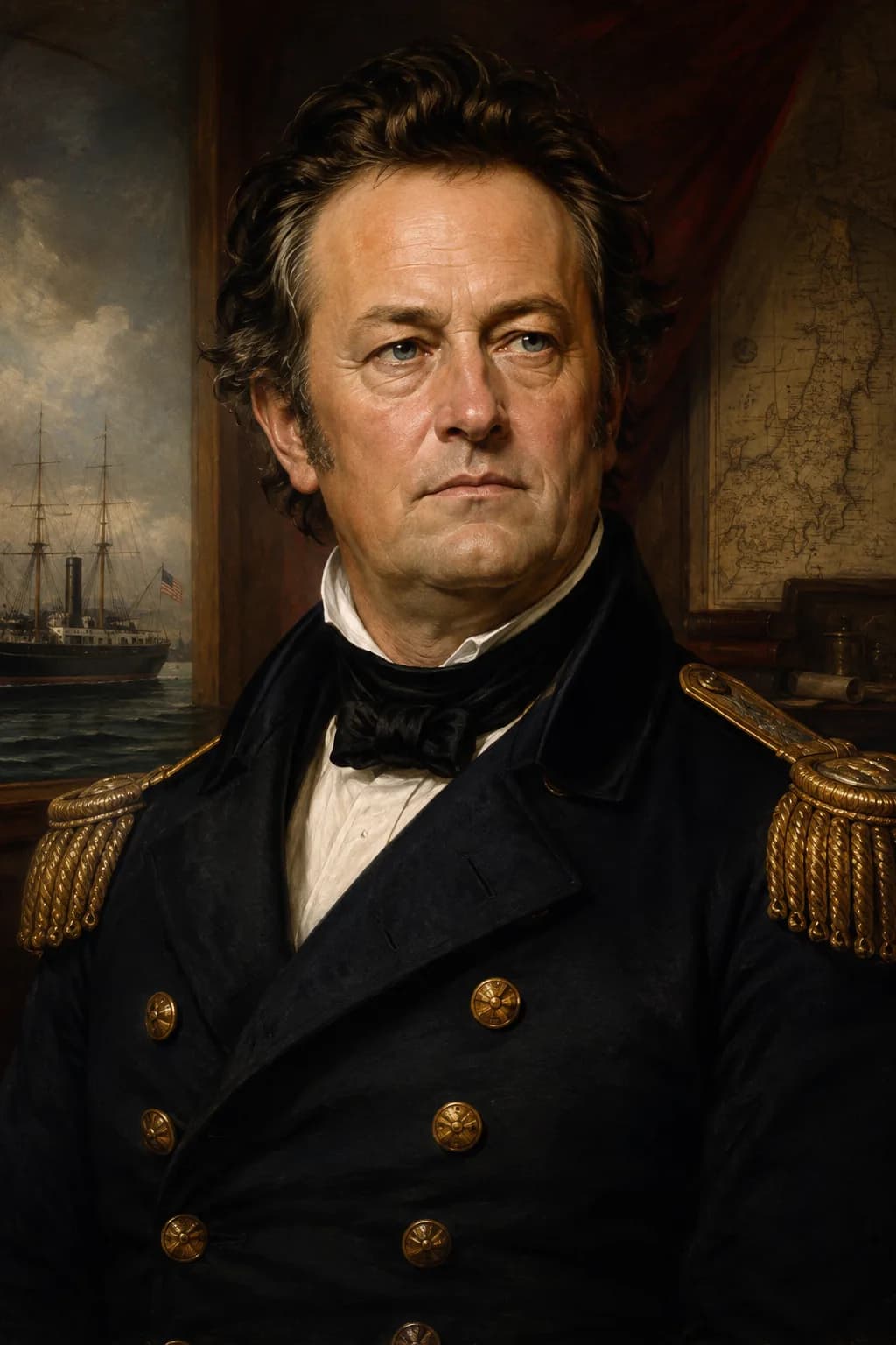 AI-generated portrait of Commodore Matthew Perry in naval uniform