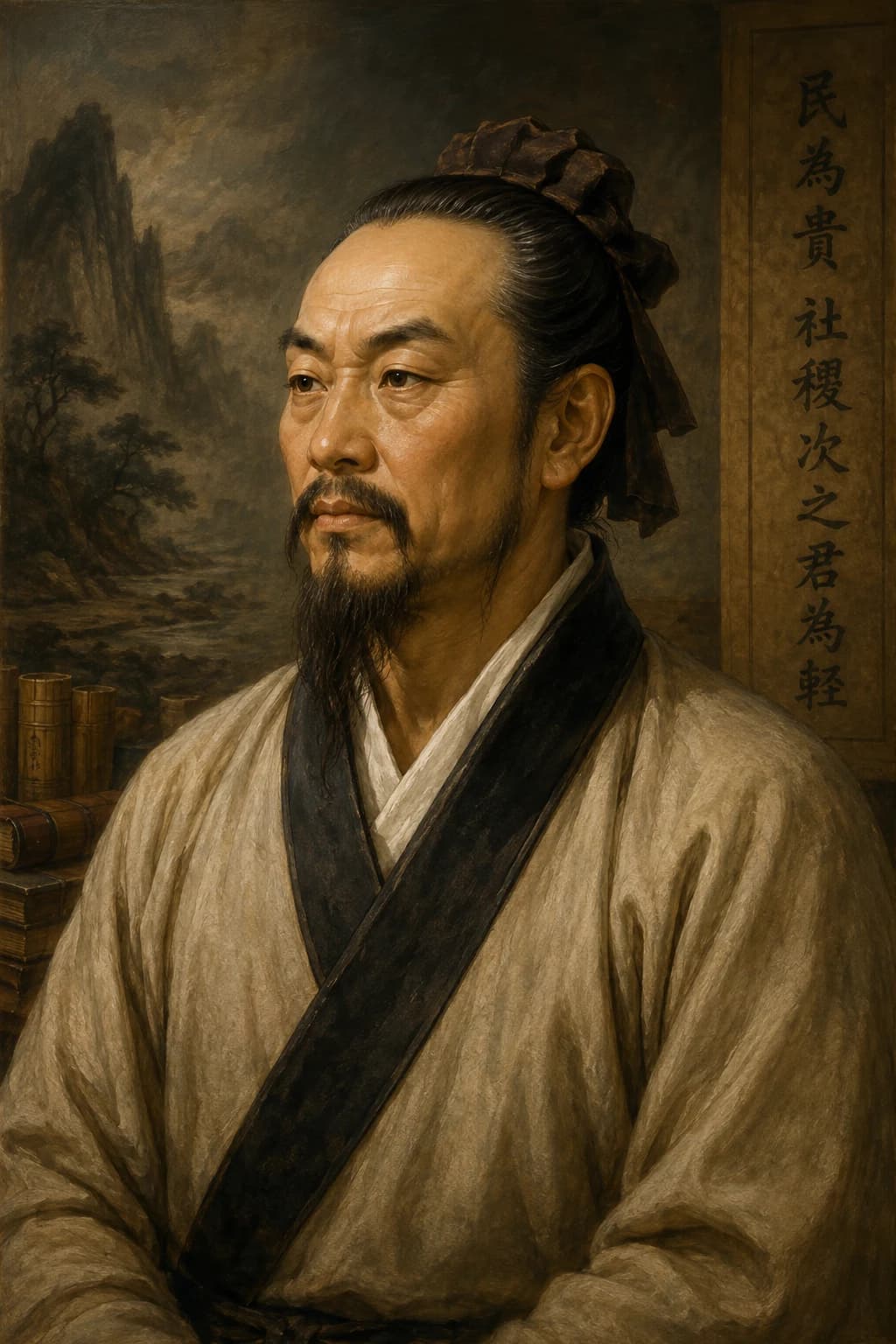 AI-generated portrait of Mencius in scholar robes with bamboo books and mountain scenery