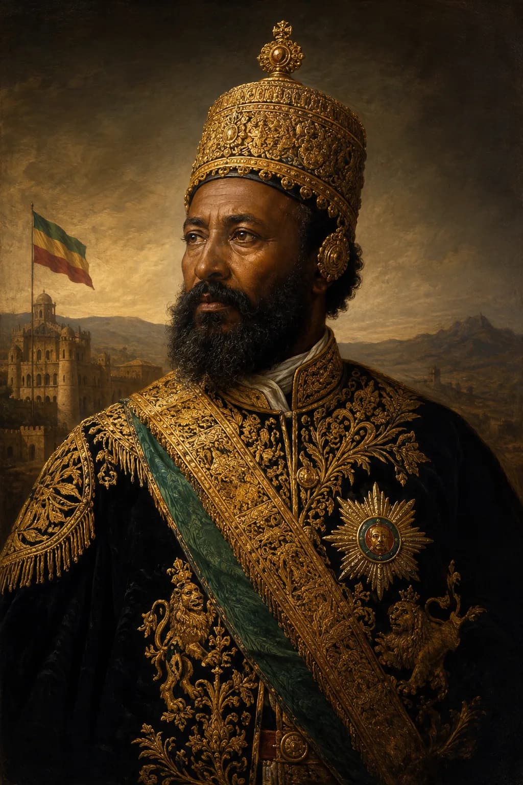 AI-generated portrait of Menelik II in Ethiopian imperial regalia