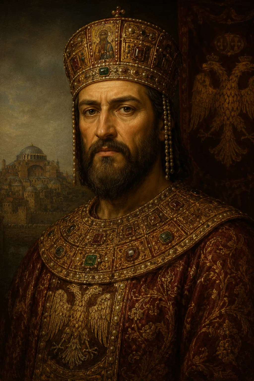 AI-generated portrait of Michael VIII Palaiologos in Byzantine imperial dress