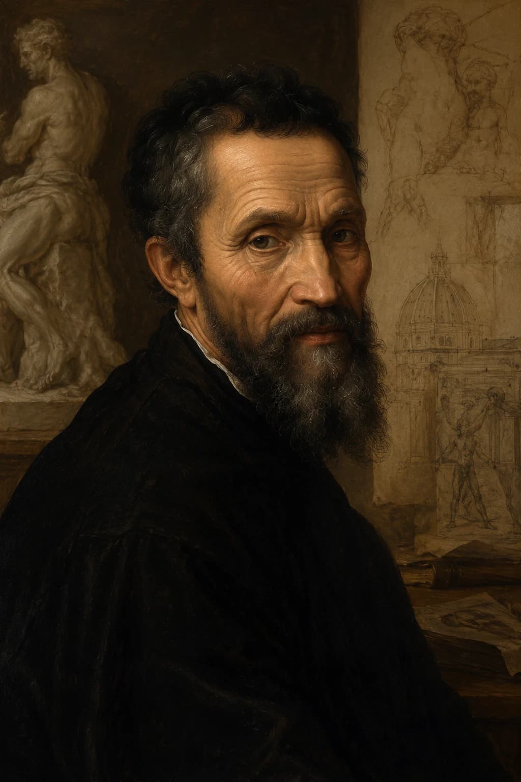 Portrait of Michelangelo with sculpture and architectural drawings