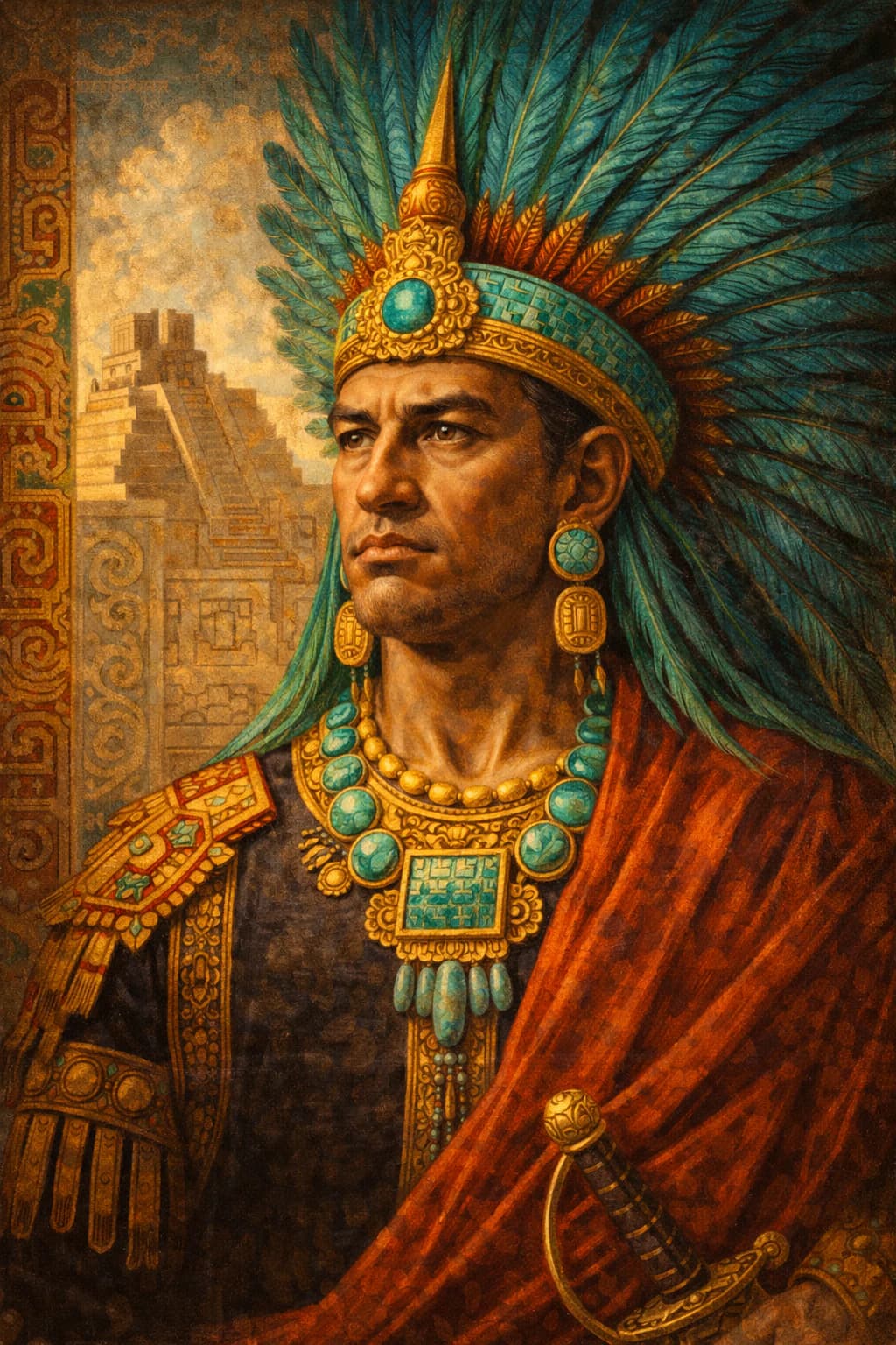 AI-generated portrait of Moctezuma II in Aztec imperial attire