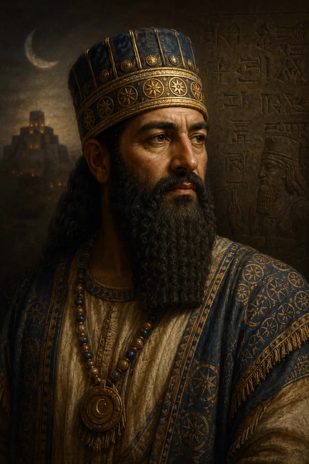 AI-generated portrait of Nabonidus in Babylonian royal dress