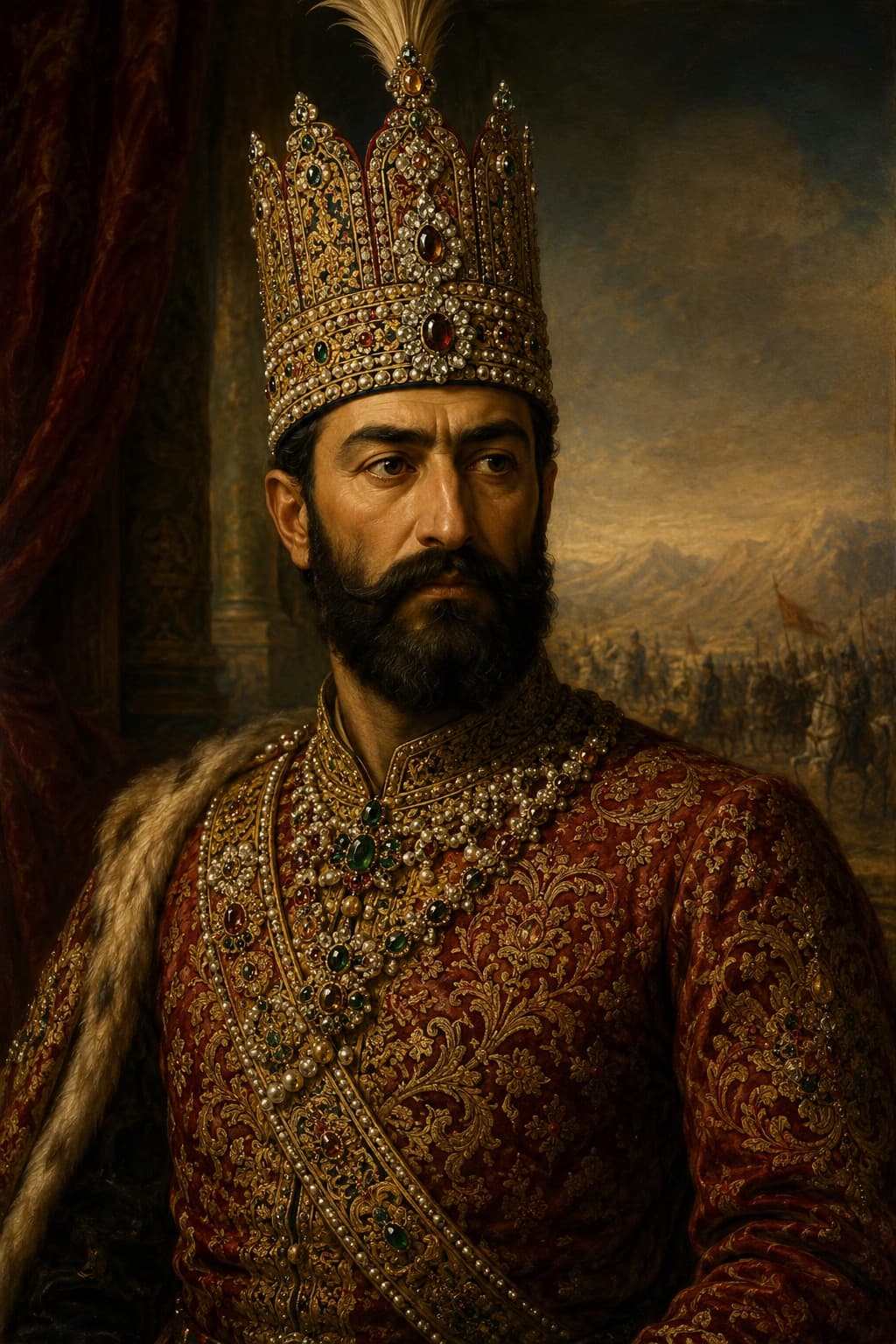 AI-generated portrait of Nader Shah in richly decorated Persian imperial dress