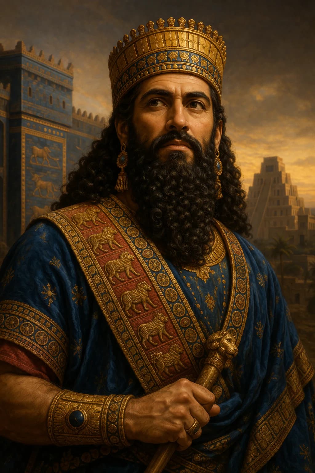 AI-generated portrait of Nebuchadnezzar II before the Ishtar Gate and Babylonian skyline