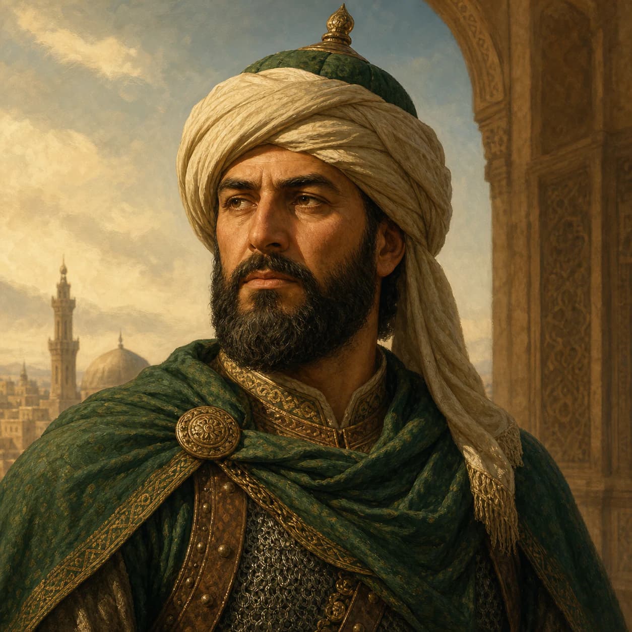 AI-generated portrait of Nur al-Din in medieval Islamic court and military attire