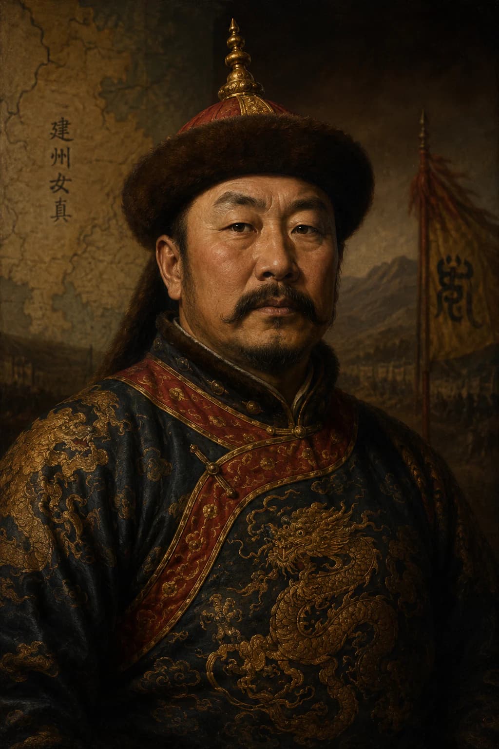AI-generated portrait of Nurhaci in early Qing imperial robes