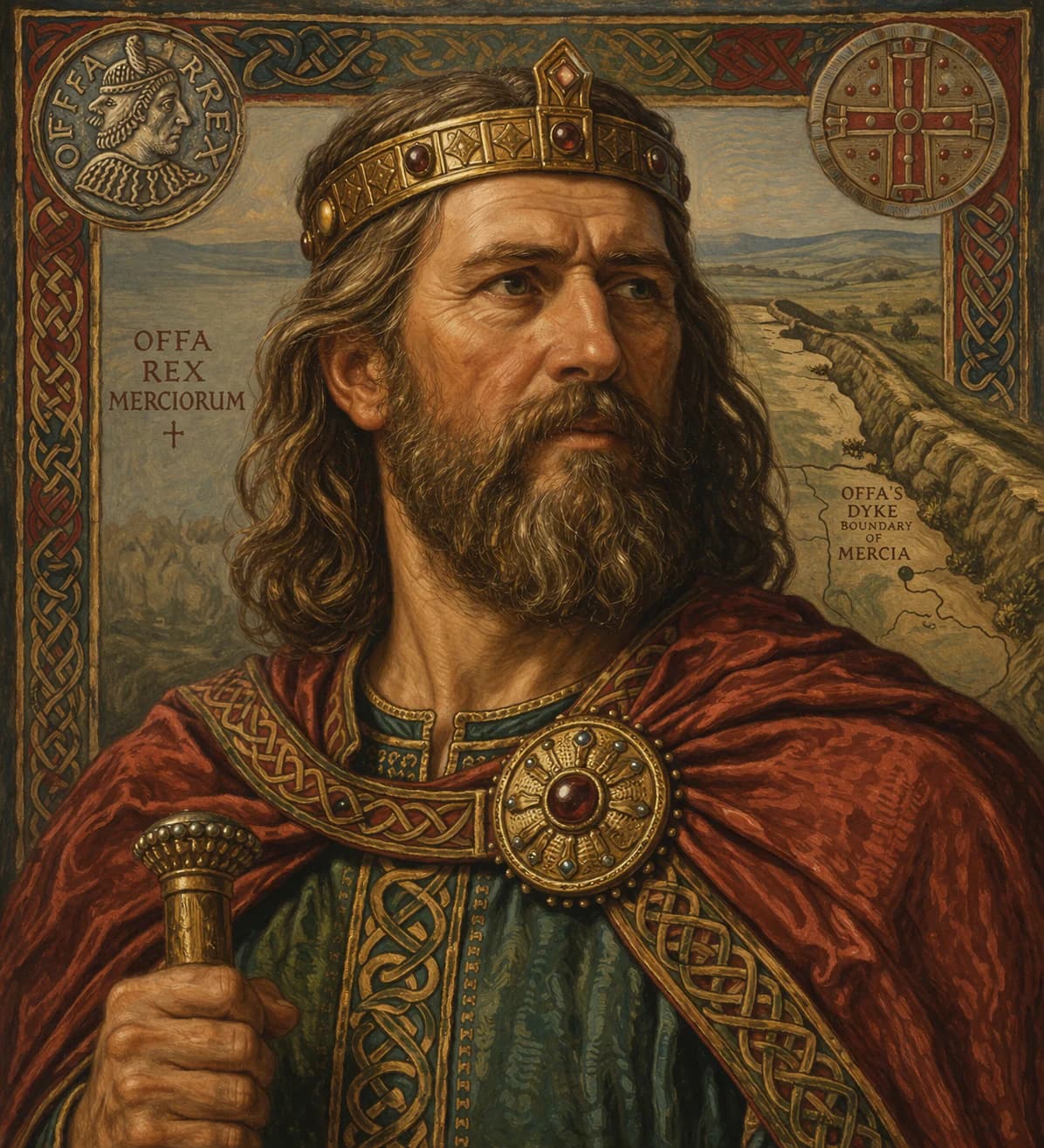 AI-generated portrait of Offa of Mercia in Anglo-Saxon royal attire