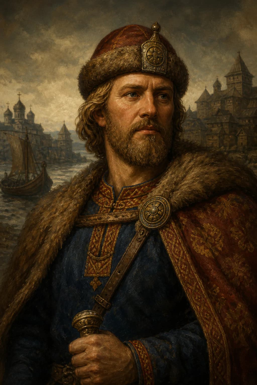 AI-generated portrait of Oleg of Novgorod in early Rus attire