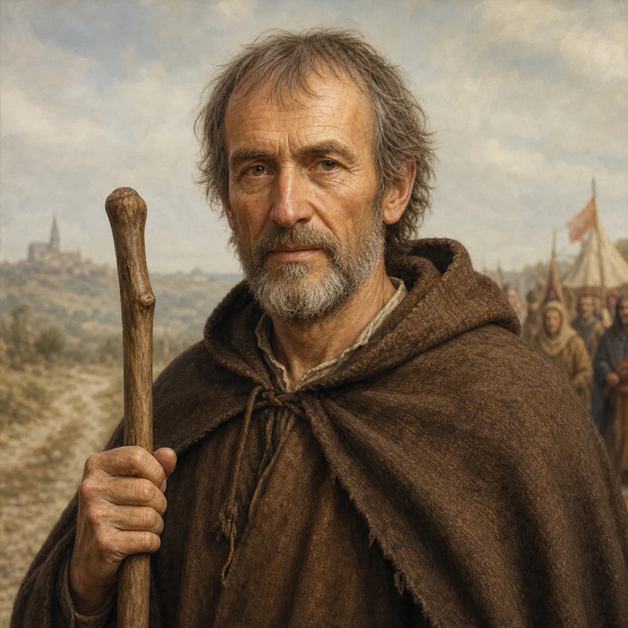 AI-generated portrait of Peter the Hermit in a rough medieval pilgrim cloak holding a staff