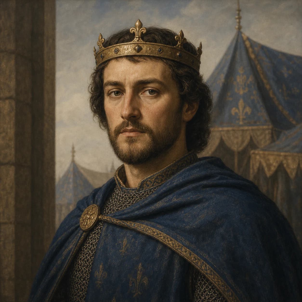 AI-generated portrait of Philip II of France in medieval royal clothing and a crown