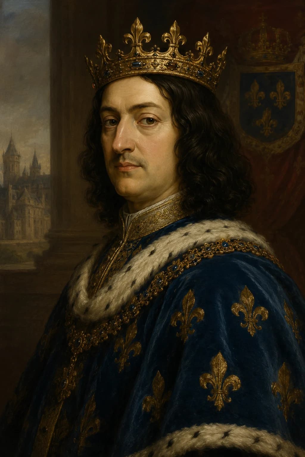 AI-generated portrait of Philip IV of France in a crown and blue fleur-de-lis robe
