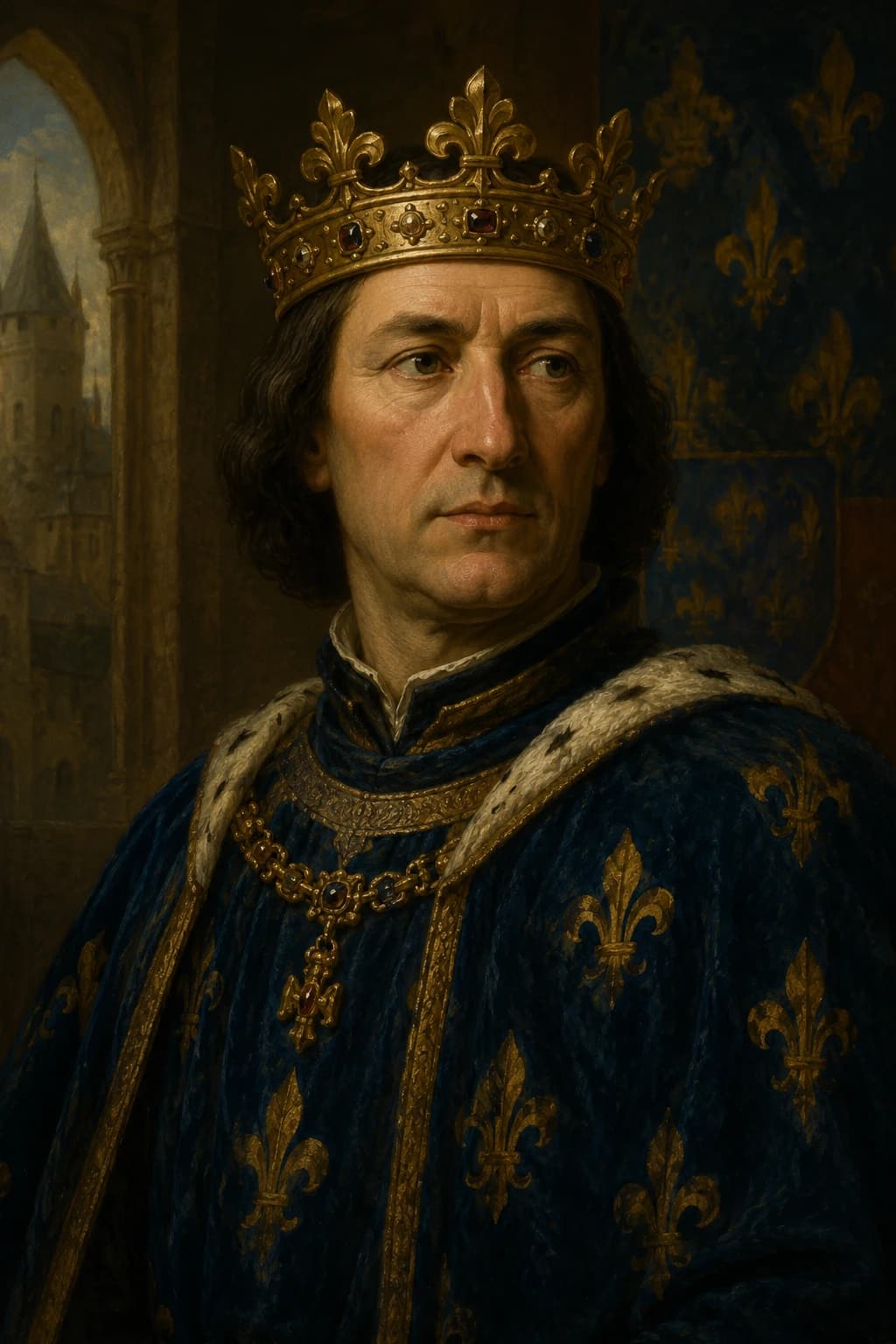 AI-generated portrait of Philip VI of France wearing a crown and blue fleur-de-lis robe
