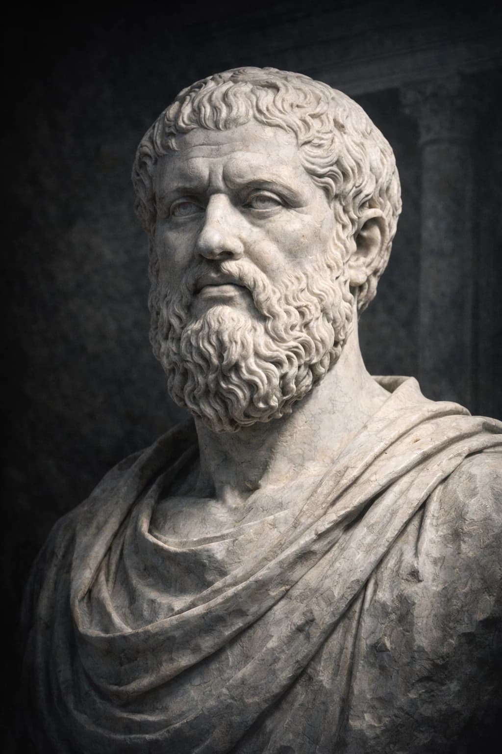 AI-generated portrait of Plato in ancient Greek philosophical robes