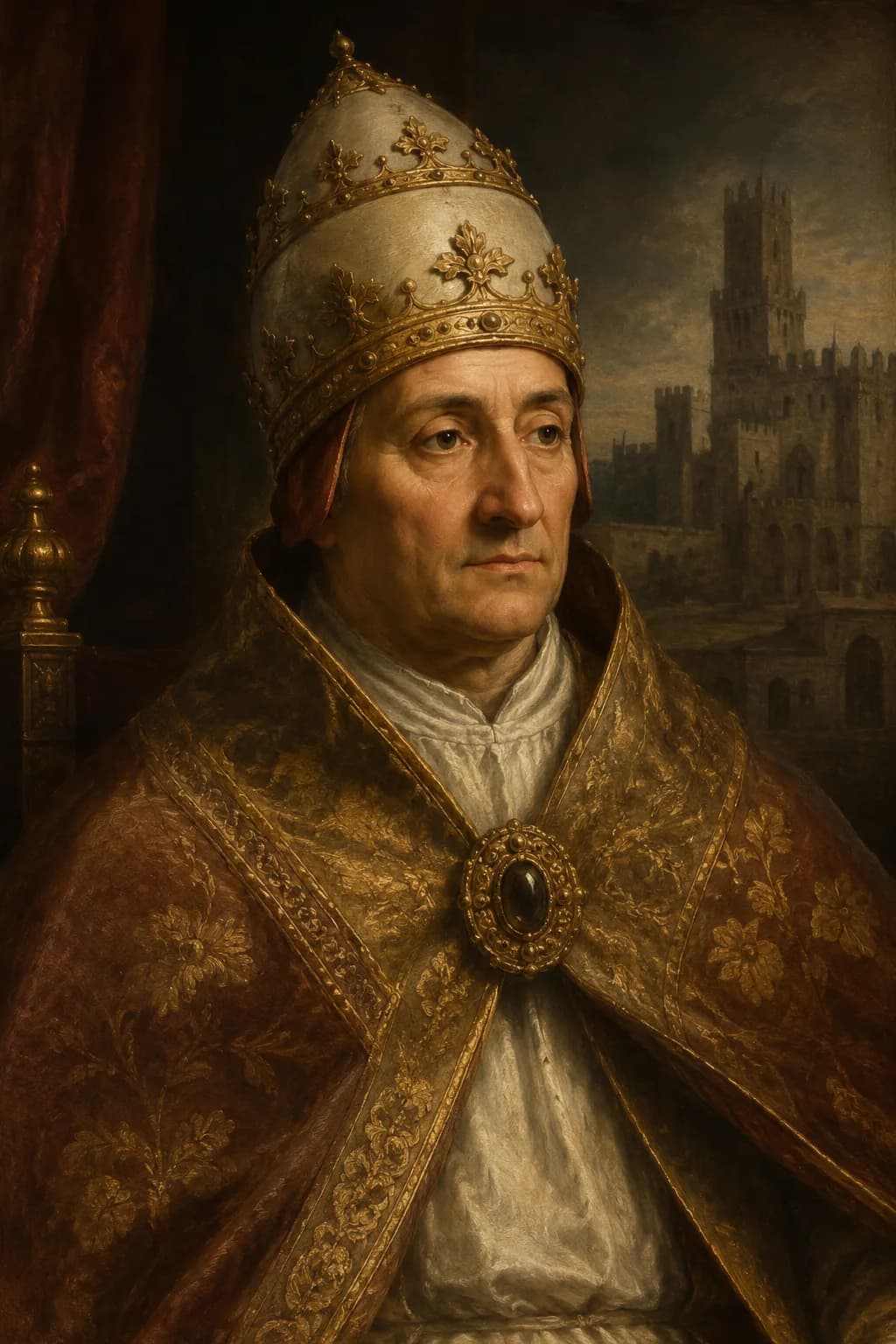 AI-generated portrait of Pope Clement V with Avignon in the background