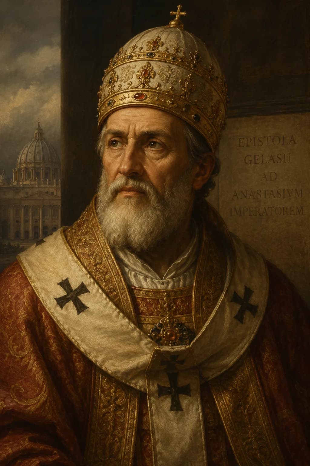 AI-generated portrait of Pope Gelasius I with a reference to his letter to Emperor Anastasius