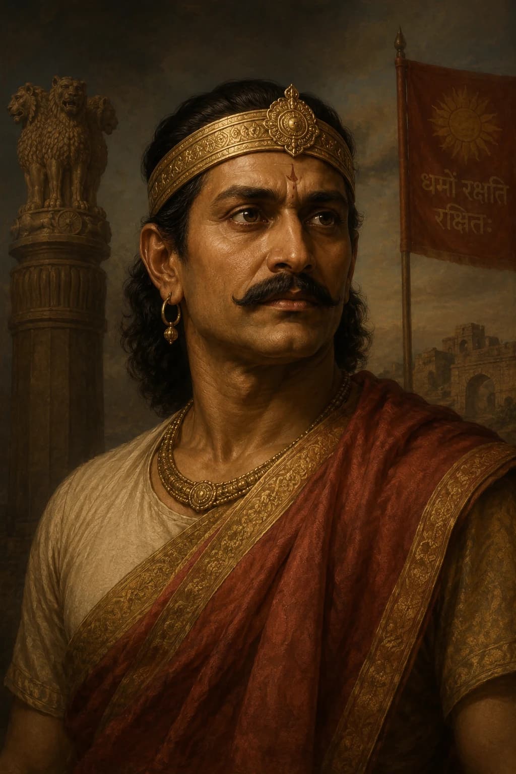 Portrait of Pushyamitra Shunga in ancient Indian royal attire