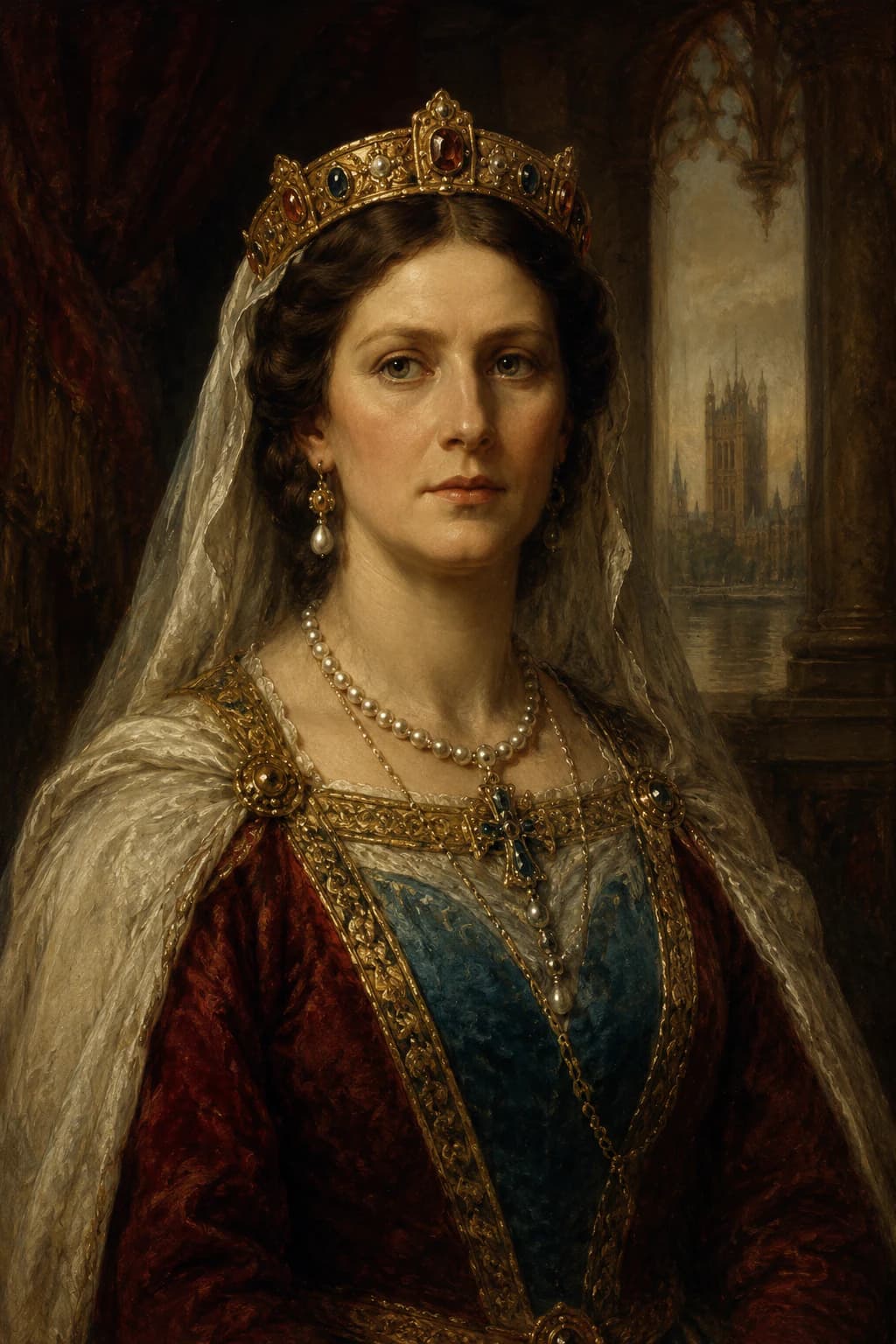 AI-generated portrait of Queen Bertha of Kent in Frankish royal attire