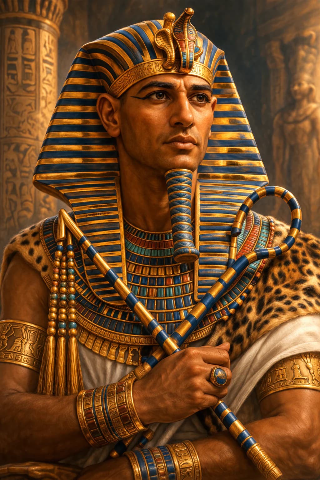 AI-generated portrait of Ramesses II in ancient Egyptian royal attire