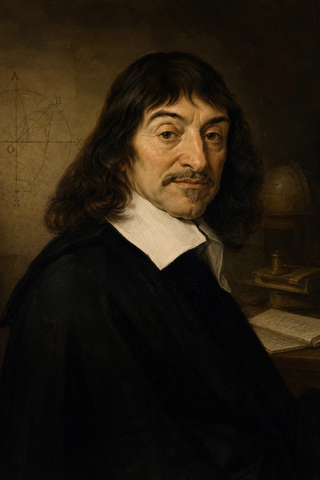 AI-generated portrait of René Descartes with geometric diagrams and manuscripts