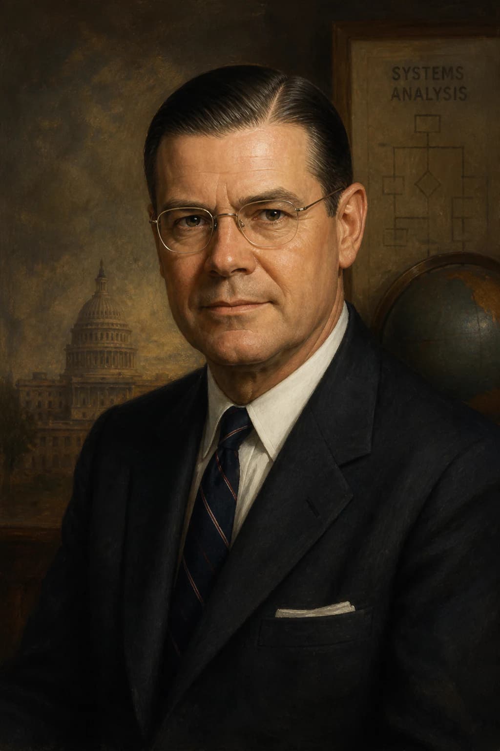Portrait of Robert McNamara in suit before Capitol imagery