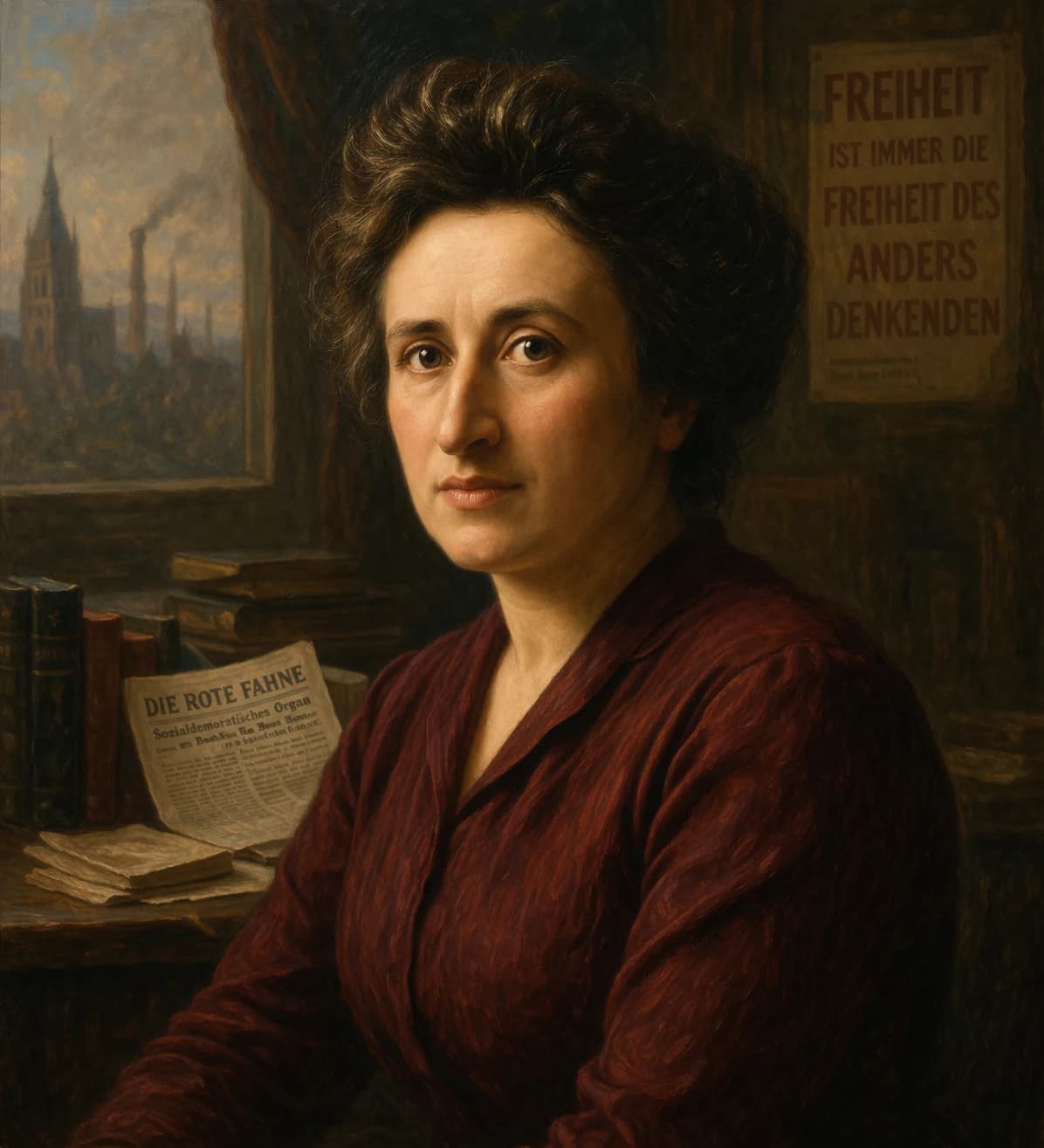 AI-generated portrait of Rosa Luxemburg in early 20th-century attire
