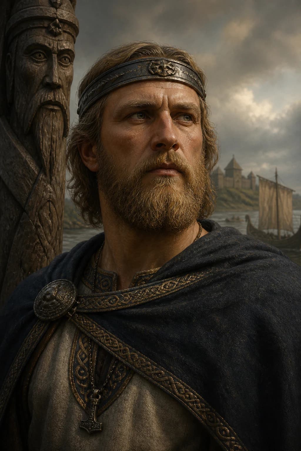 Portrait of Rurik in Varangian attire beside river craft