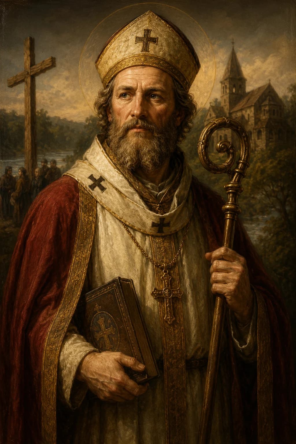 AI-generated portrait of Saint Boniface in bishop's vestments holding a crozier and book