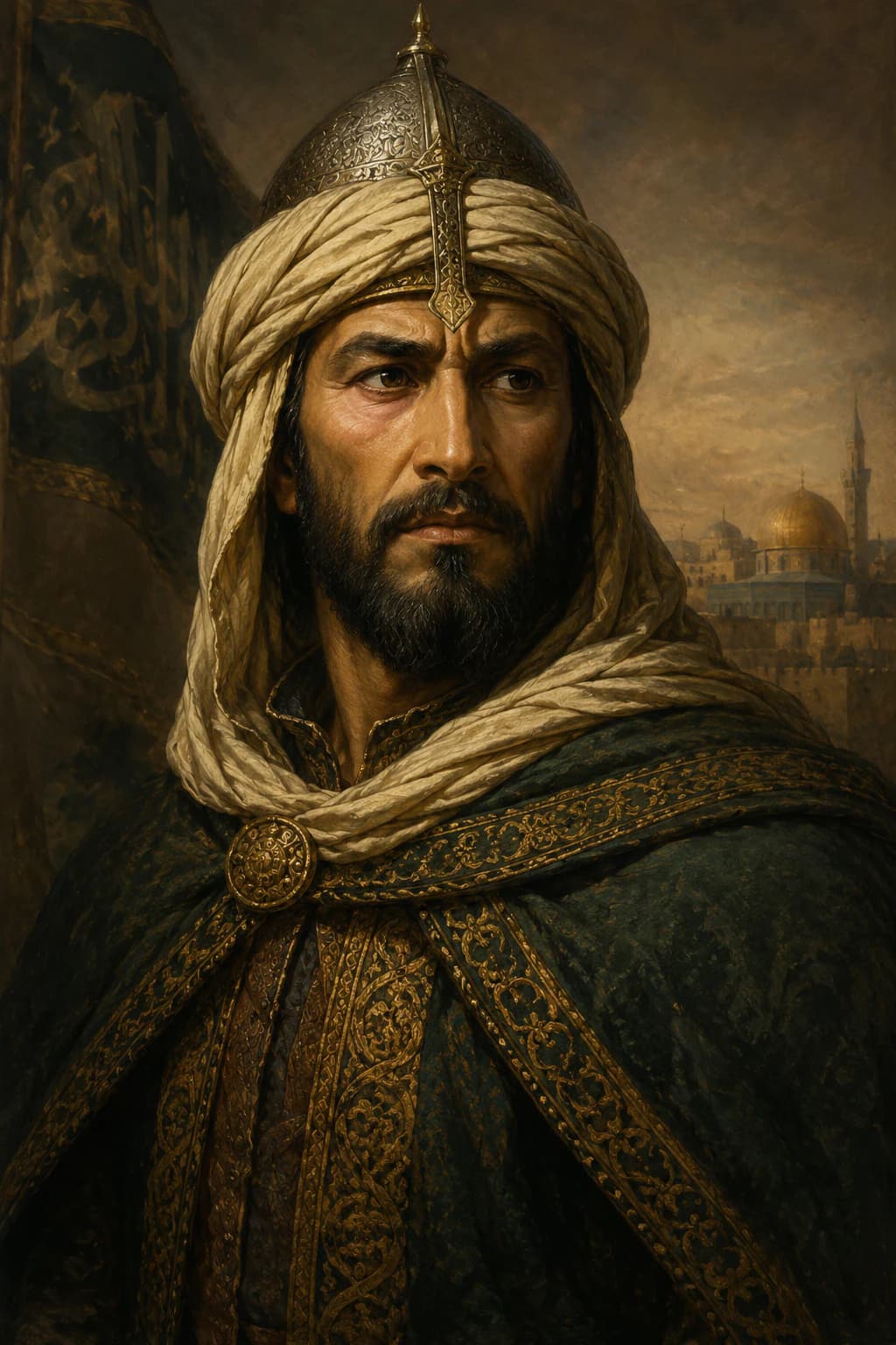 AI-generated portrait of Saladin in medieval Islamic royal attire