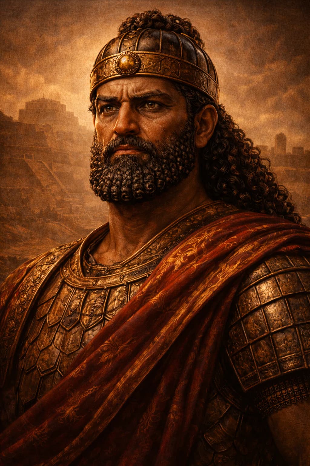AI-generated portrait of Sargon of Akkad in ancient Mesopotamian royal attire