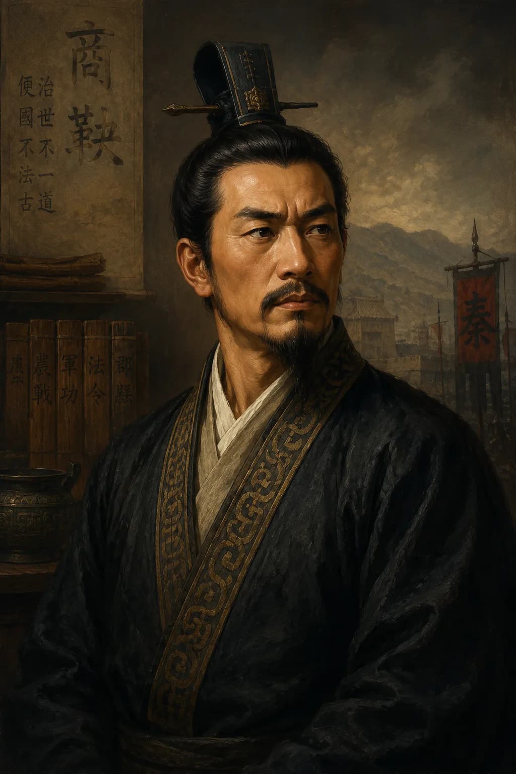 AI-generated portrait of Shang Yang in Qin-era official robes with legal texts and Qin banners