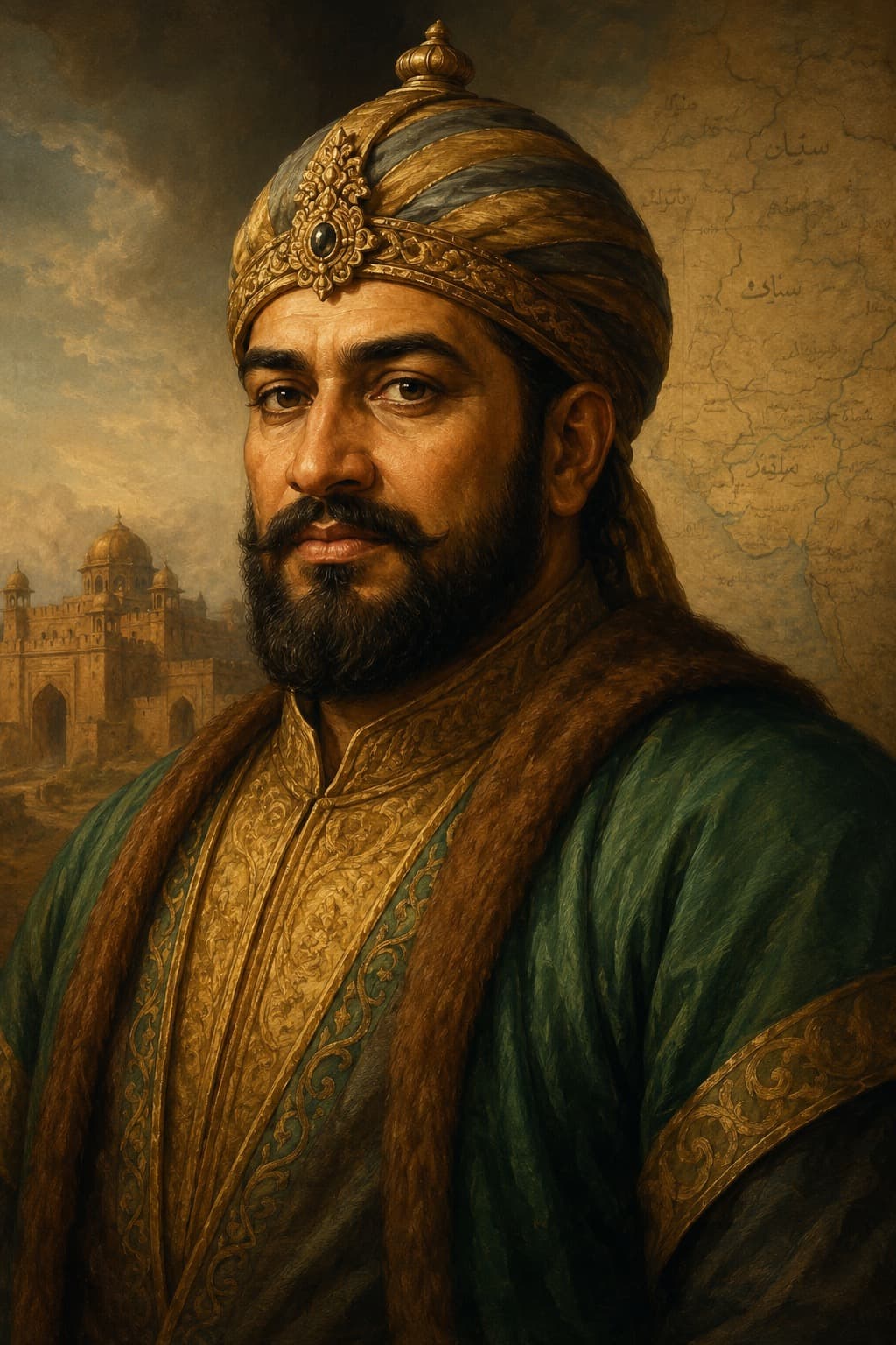 AI-generated portrait of Sher Shah Suri in Afghan imperial dress