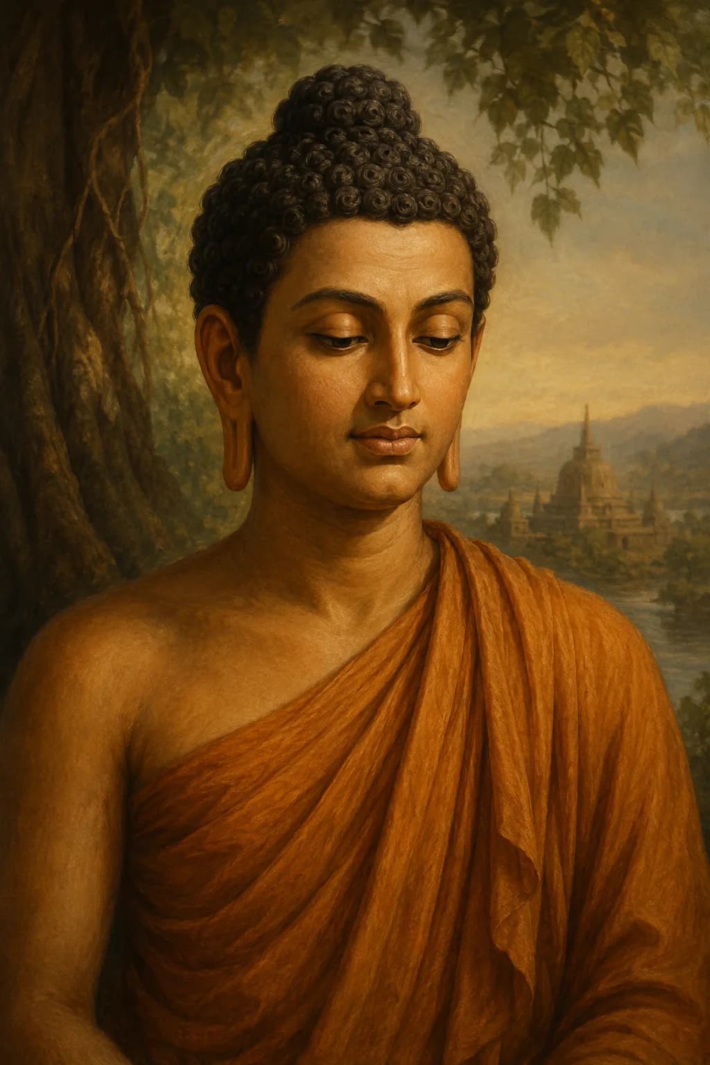 AI-generated portrait of Siddhartha Gautama, the Buddha, in saffron robes beneath the Bodhi tree