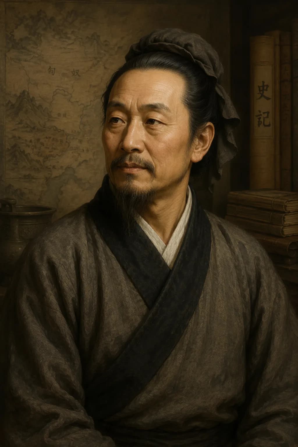 AI-generated portrait of Sima Qian in a study with maps and historical records