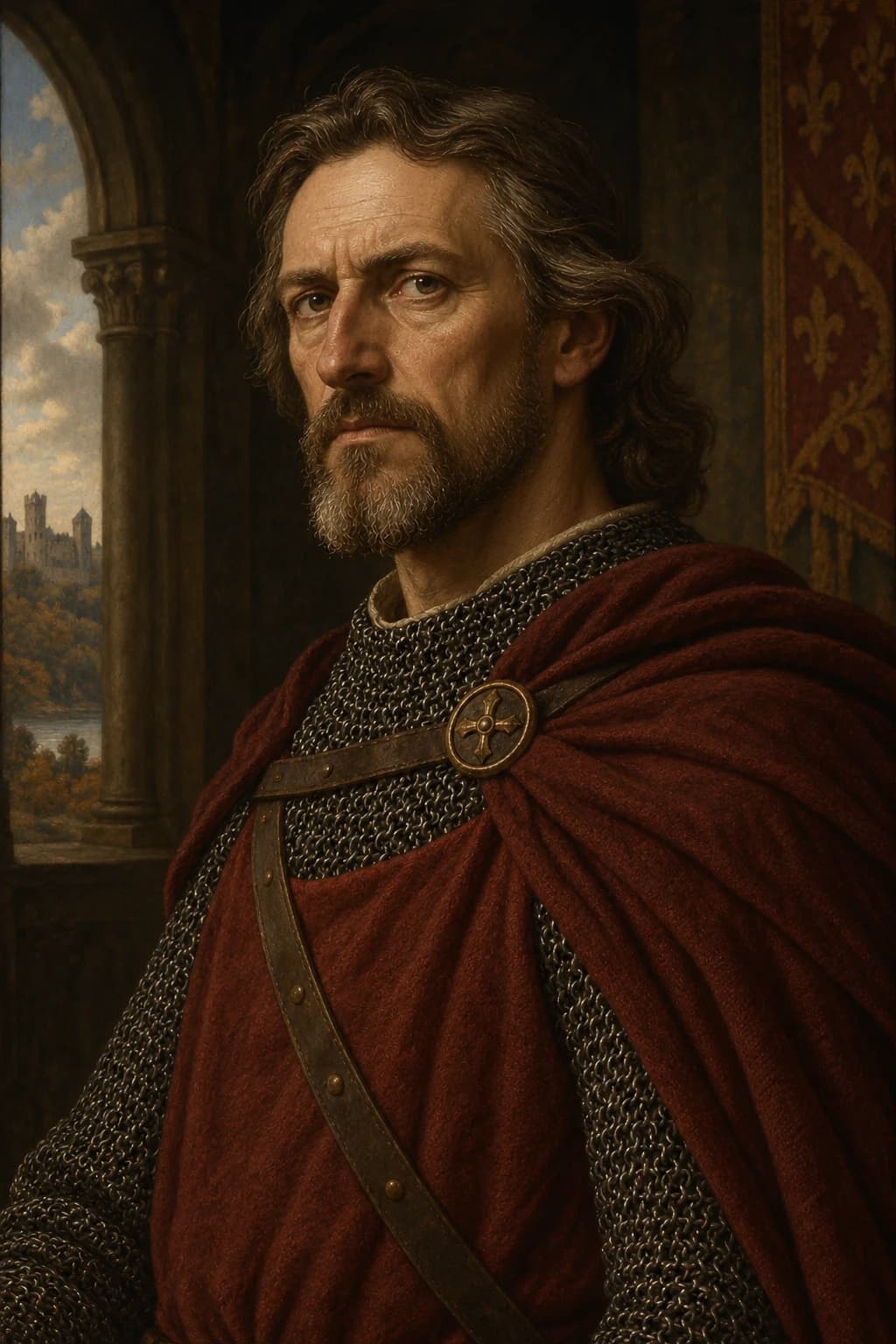 AI-generated portrait of Simon de Montfort in period clothing; an interpretive reconstruction, not a documented likeness