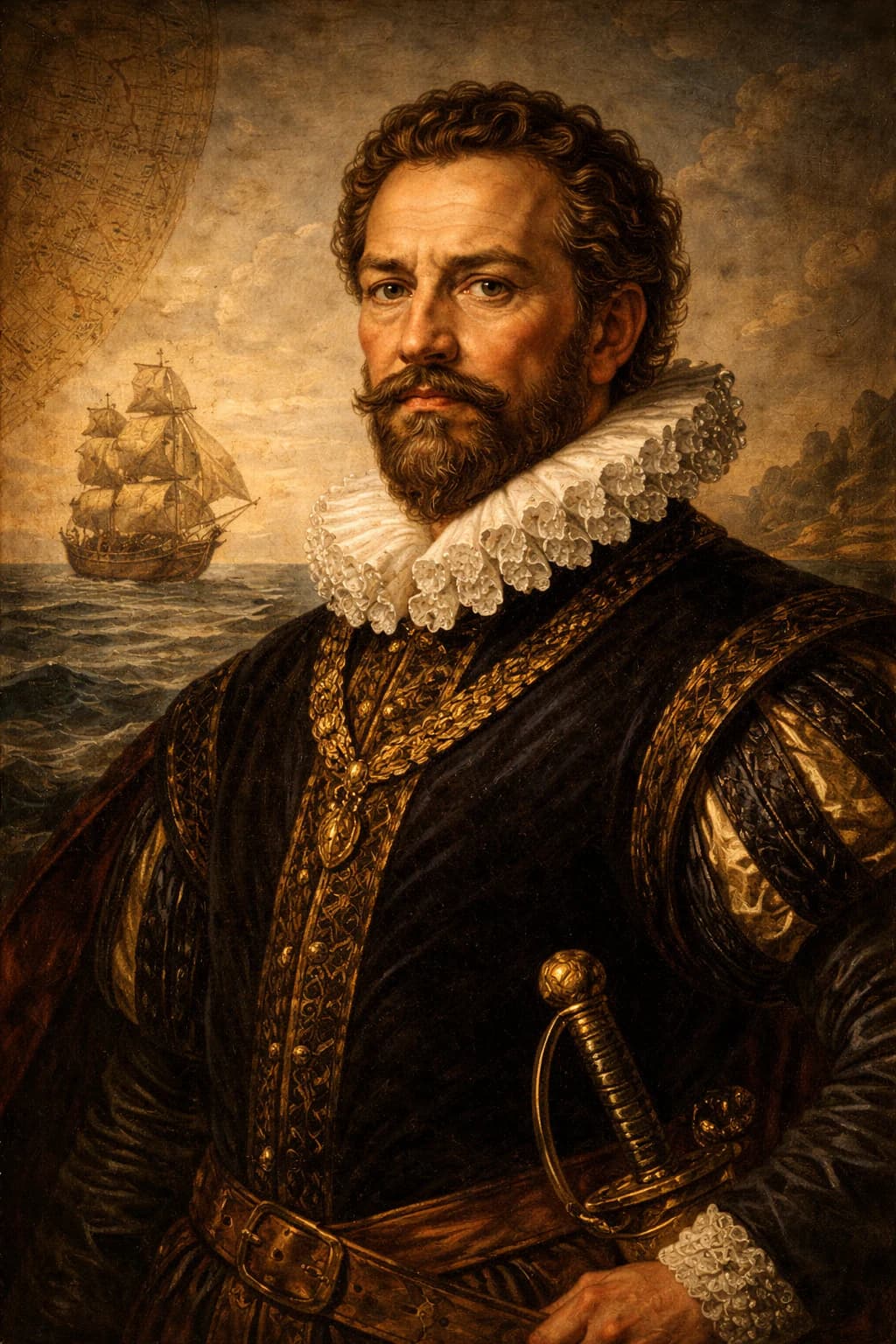 AI-generated portrait of Sir Francis Drake in Elizabethan naval attire