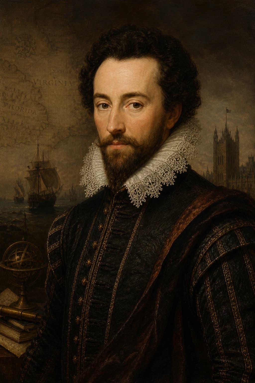 AI-generated portrait of Sir Walter Raleigh in Elizabethan dress before maps and ships